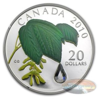 Canada 20 Dollars 2010 Maple Leaf With Raindrop Crystal Swarovski Silver Coin photo