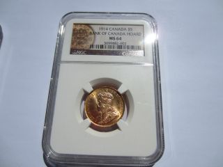 Canada $5.  00 Gold::: 1914 Ngc Ms 64:: : Bank Of Canada Hoard ::extremely Rare photo