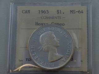1963 Canada $1 Dollar Heavy Cameo Iccs Ms - 64 photo