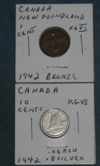 Vintage 1942 Canada Coins; 1) Newfoundland 1 Cent Bronze & 1) 10 Cent.  8 Silver photo