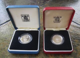 1983 + 1985 Uk Silver Pound Proofs (cases) Awesome photo
