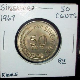 Beaautiful Km 5 Bu 1967 Singapore 50 Cent World Coin - Lion Fish Bid/buy It Now photo