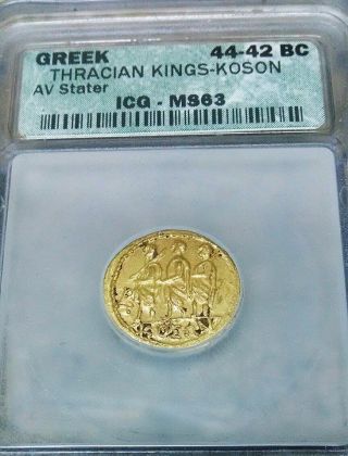 44 - 42 Bc Ancient Greek Gold Coin Thracian Kings - Koson Av Stater Icg Ms - 63 (1006) photo