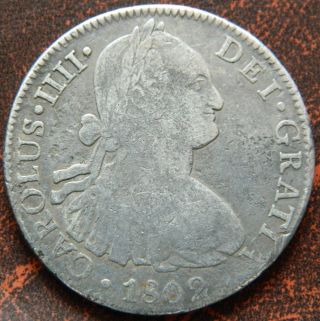 1802 Eight 8 Reales Silver Coin Spain Mexico Ft Carolus Iiii photo