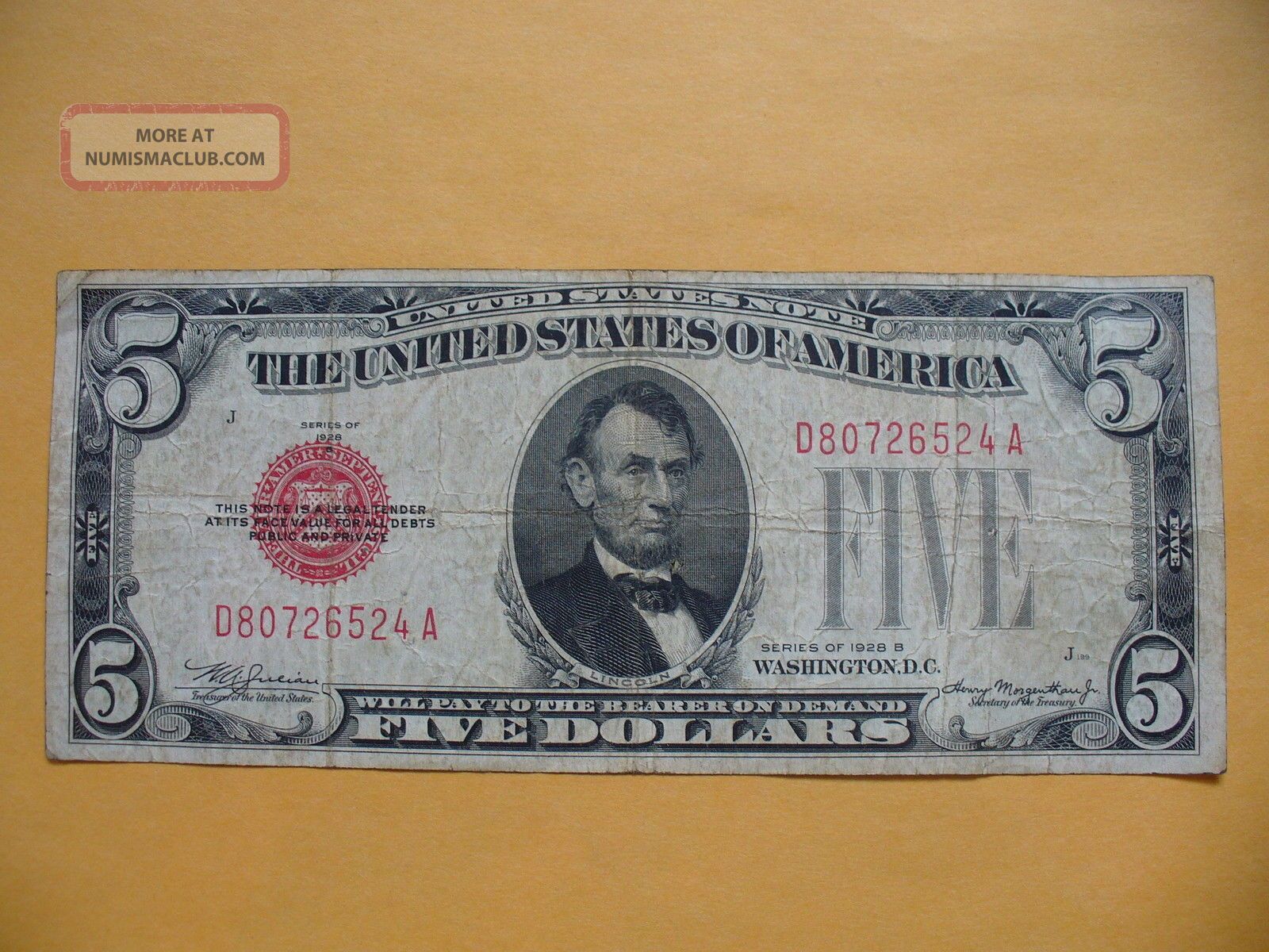 1928 B - 5 Dollar Red Seal. United States Note