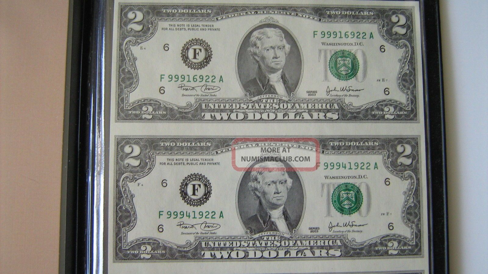 Two Dollar Bills Uncut Sheet Of 4 Official Cordovan Collector ' S