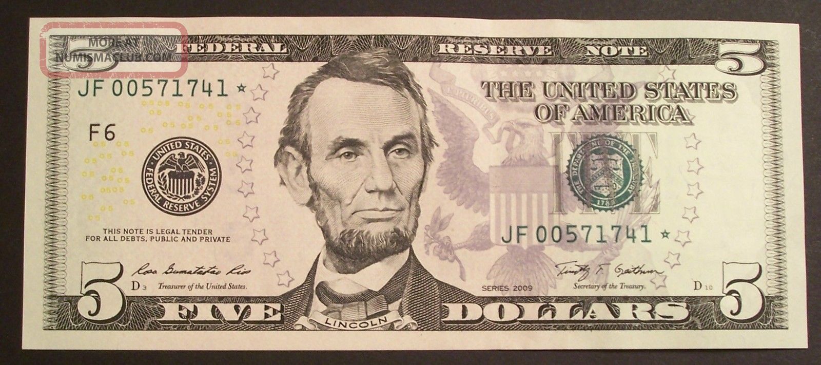 Rare 2009 $5 Star Note Jf 00571741 About Uncirculated
