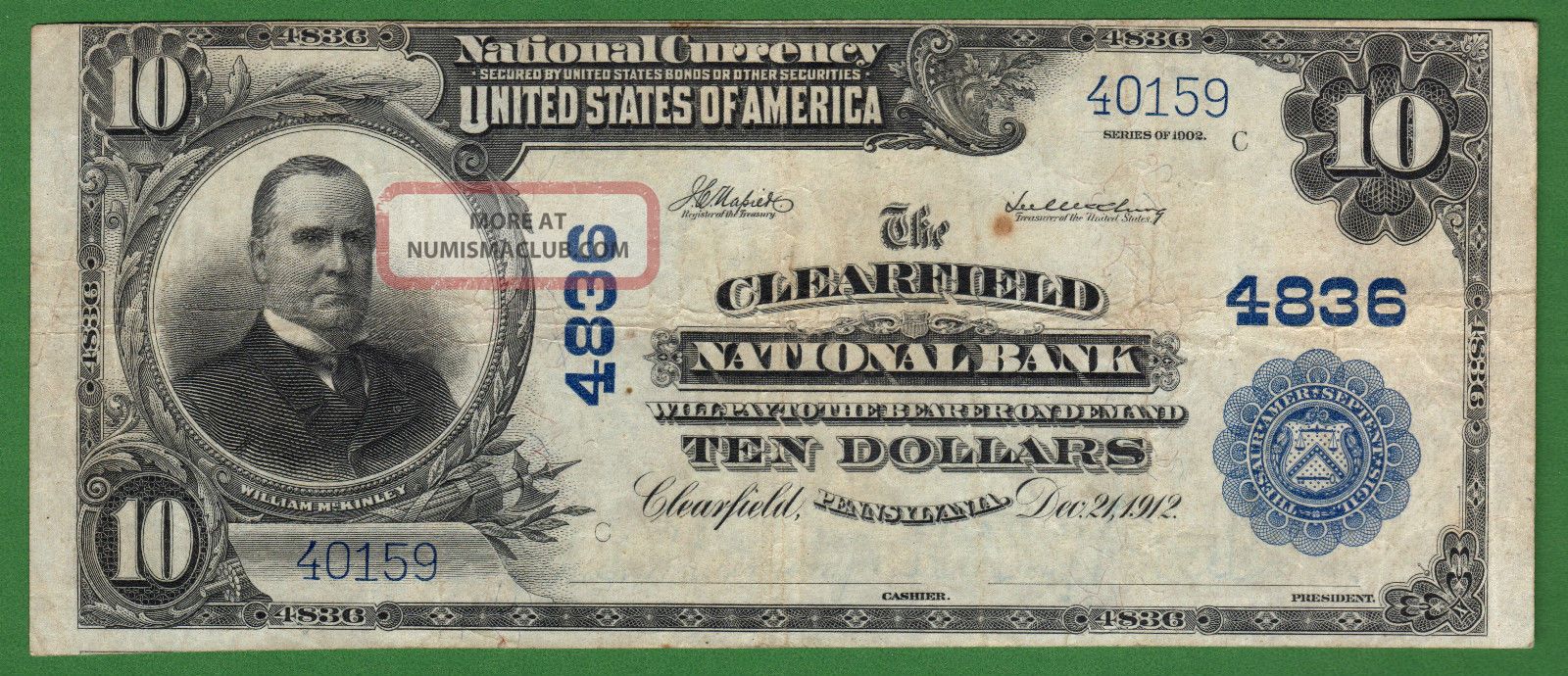 {clearfield} $10 02pb The Clearfield National Bank Pa Ch 4836 Paper Money: US photo