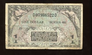 Us Mpc Military Payment Certificate Series 481 $1.  00 19 D07986522d Condit. photo