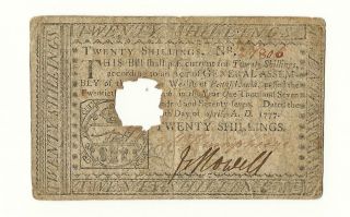 Us 1777 Continental Currency Twenty Shillings Philadelphia,  Pa April,  1777 photo