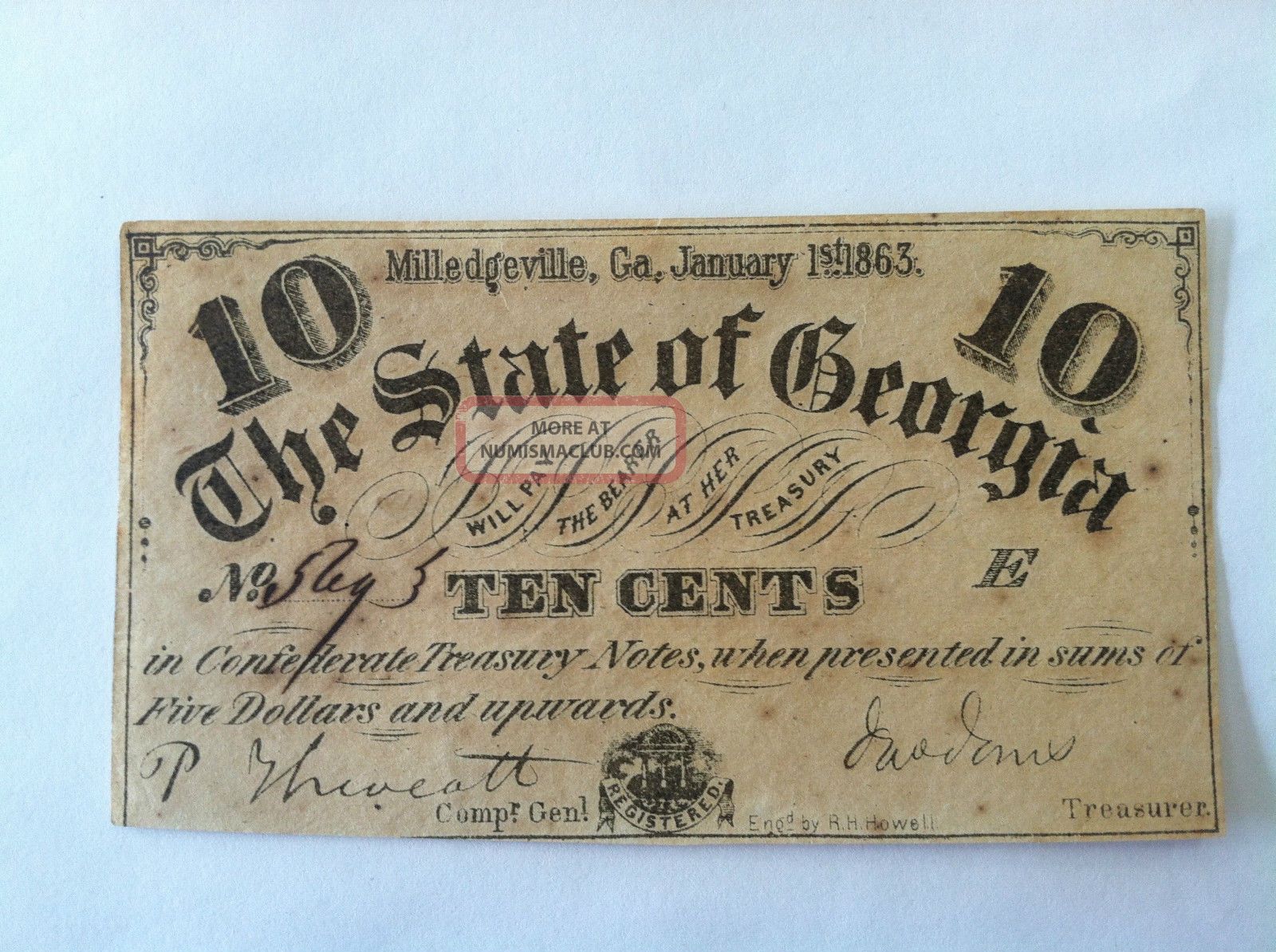 10 Cent State Of Georgia, Milledgeville Obsolete Bank Note