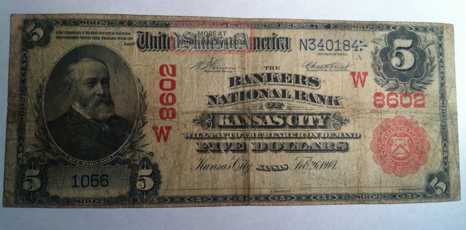 1902 Red $5 Bankers National Bank Kansas City Kansas Large Size Paper Money: US photo