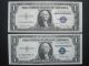 Uncirculated 1935e $1 Silver Certificate (2) Blue Seal Fh Block Ch Us Old Money Small Size Notes photo 3