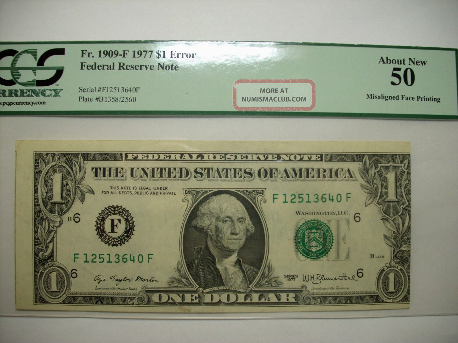 1977 $1 Error Note Pcgs 50 Misaligned Face Printing