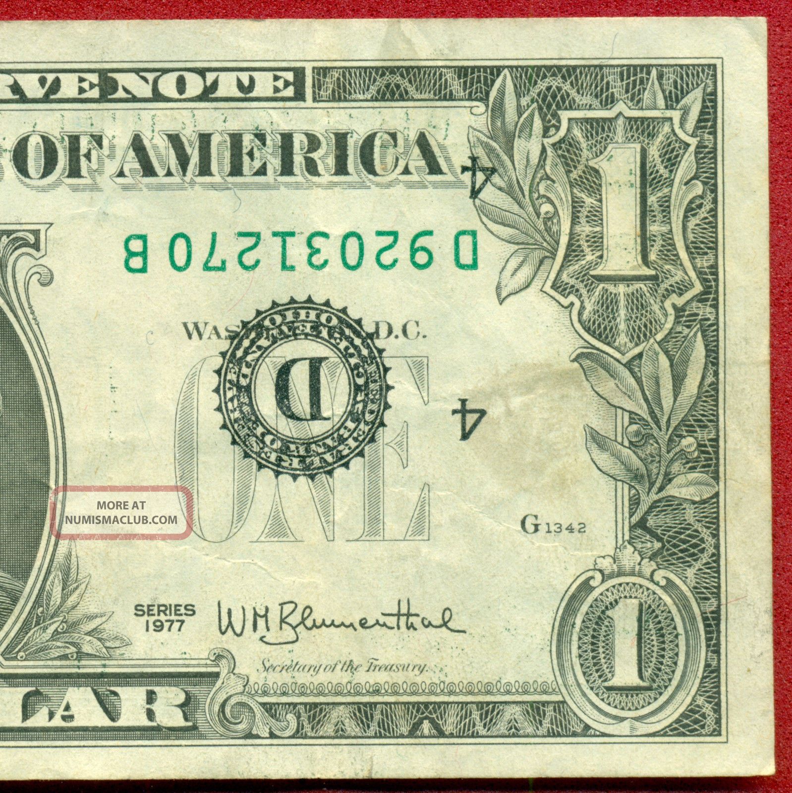 1977 $1 Federal Reserve Note Inverted Overprint Error Type I 3rd Print ...
