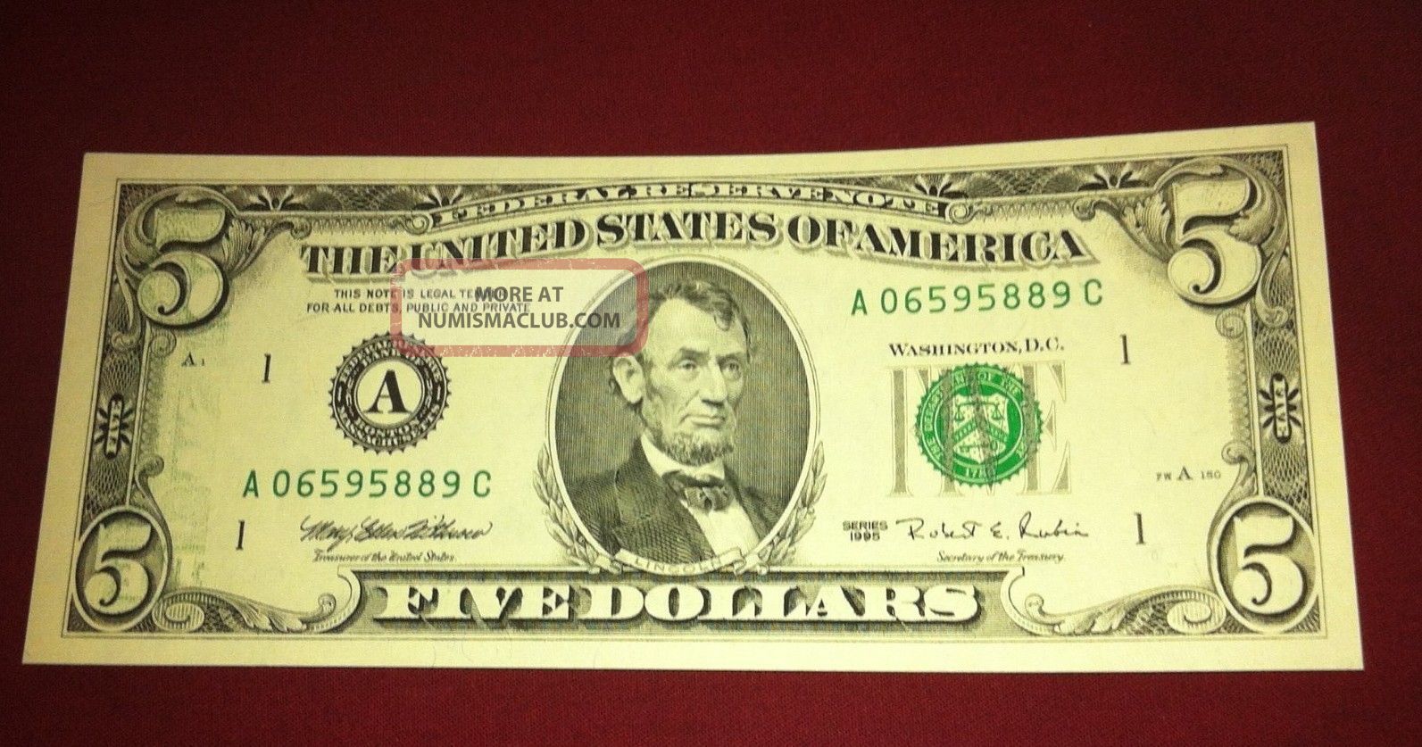 Partial Back To Face Offset Inking Error Note $5 Frn Uncirculated 1995 ...