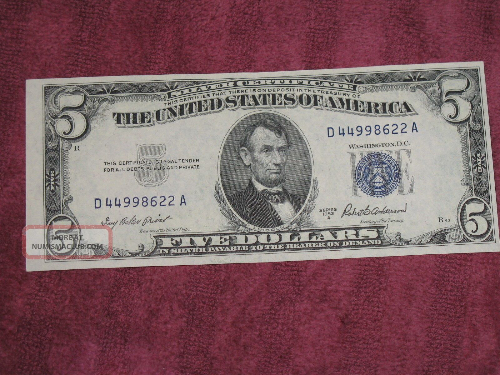 1953 - A $5 Five Dollars Silver Certificate Blue Seal Uncirculated