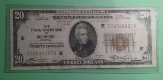 $20 1929 National Richmond Va Brown Seal Jackson Federal Reserve Bank Note Bill photo
