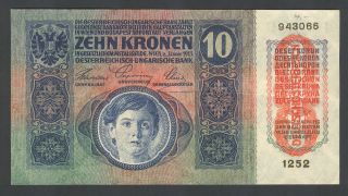Austria - Hungary - 10 Kronen/korona 1915 Banknote/note P 51/ P51 - Overprint (xf) photo