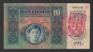 Austria - Hungary - 10 Kronen/korona 1915 Banknote - P 19 - Red Stamp photo