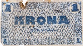 Iceland (firyr Rikissjod Islands) : 1 Krona,  (1944),  P - 22h,  Wwii Emergency Issue photo