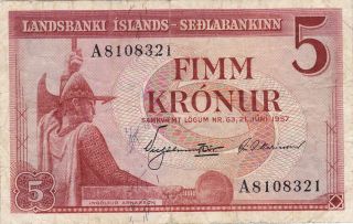 Iceland (landsbanki Islands) : 5 Kronur,  (21 - 6 - 1957),  P - 37b photo