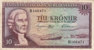 Iceland (sedlanbanki Islands) : 10 Kronur,  (21 - 6 - 1957),  P - 38a (error Note) photo