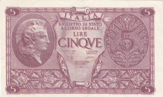 Italy: 5 Lire,  23 - 11 - 1944,  Bigliotto Di Stato Issue,  P - 31,  Xf+/au photo