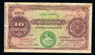 10 Centavos 1914 Angola Banknote P40 Very Fine Seal Iii 4663347 photo
