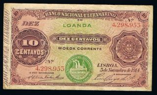 10 Centavos 1914 Angola Banknote P40 Fine++ Seal Iii 4298953 photo
