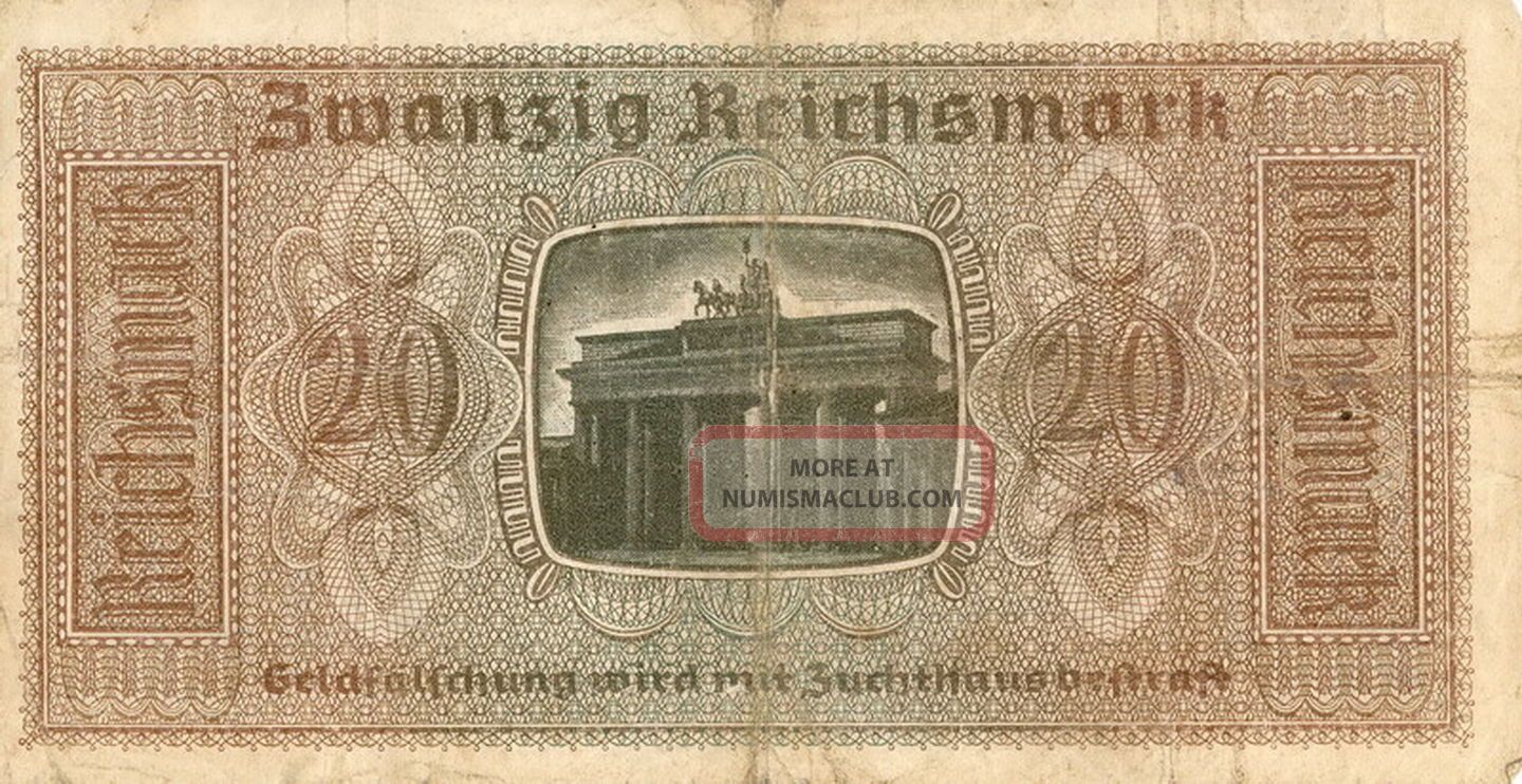 Currency Germany 1940 Wwii Bank Note Nazi 020 Reichsmark Zwanzig Emblem