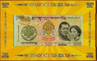 Bhutan,  100 Ngultum,  2011,  Royal Wedding Commemorative,  Folder,  Unc photo