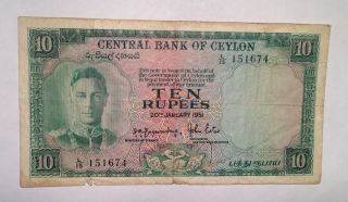 1951 Ceylon Sri Lanka King George 10 Rupees - Banknote Paper Currency photo