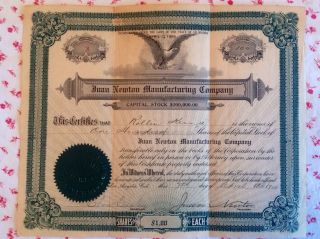 Rare Vintage Ephemera 1909 Stock Certificate Juan Newton Manufacturing Co. ,  Ca photo