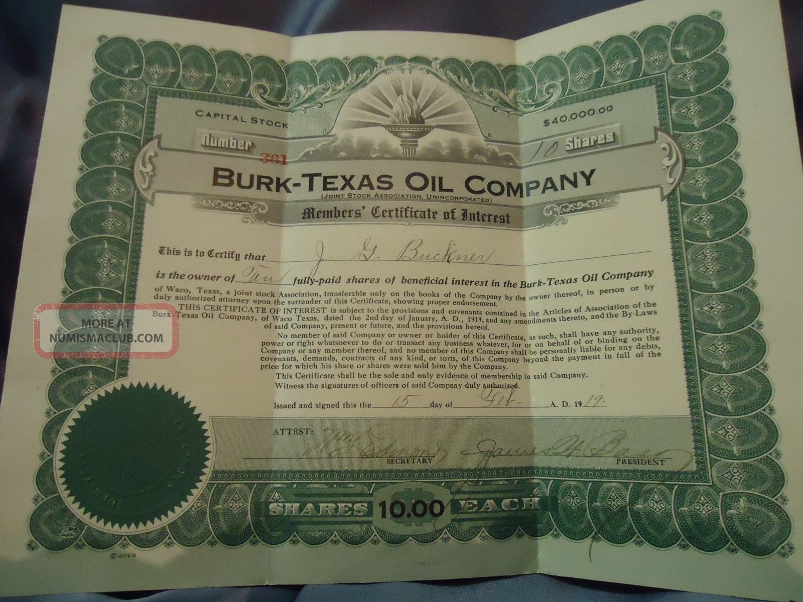 Vintage 1919 Oil Co Stock Certificate 10 Shares Burk Texas Oil Co
