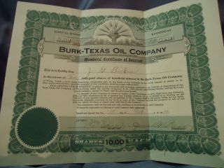 Vintage 1919 Oil Co.  Stock Certificate 10 Shares Burk Texas Oil Co.  Waco,  Tx photo