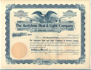 The Acetylene Heat & Light Company Stock Certificate Harford County Maryland photo