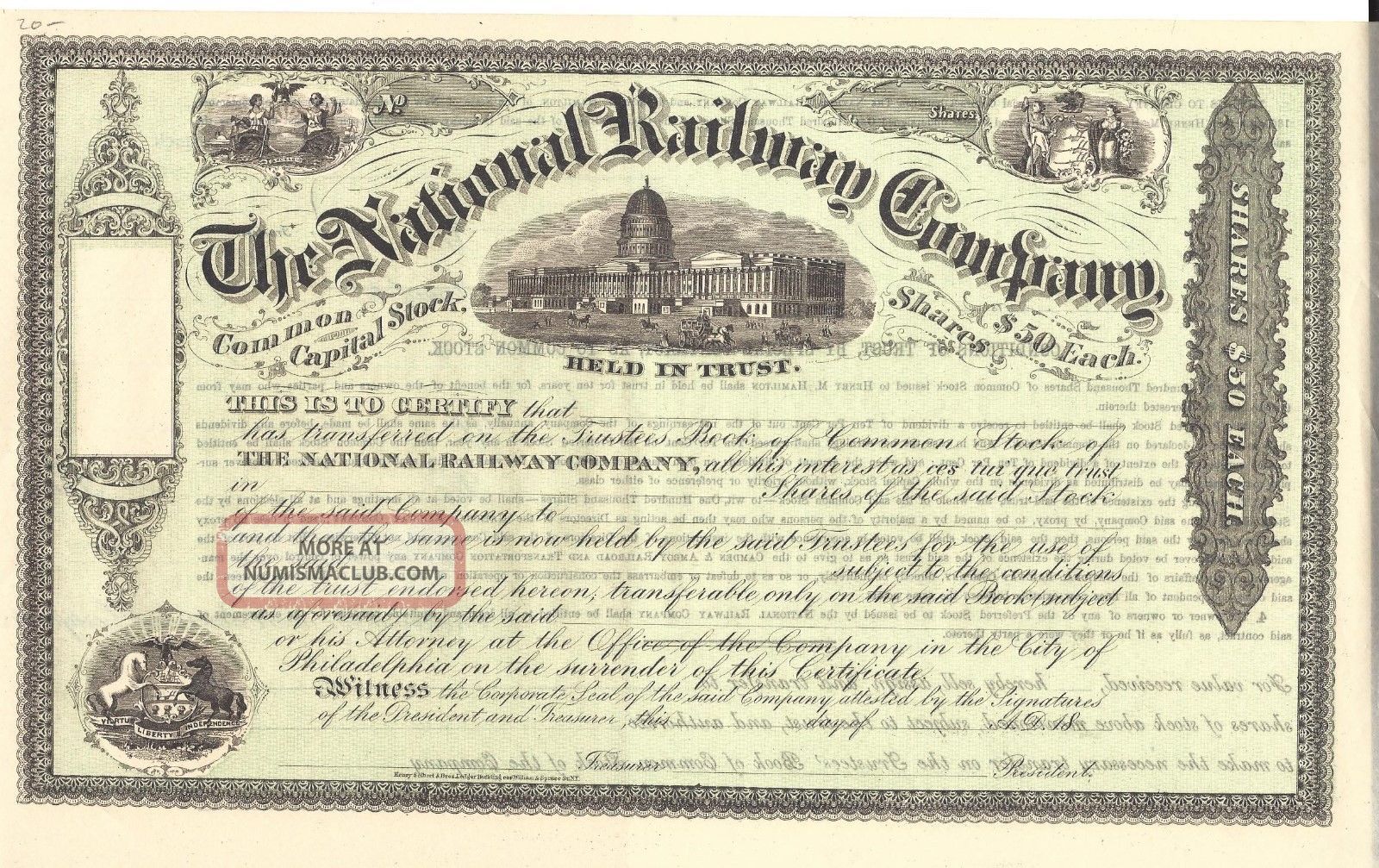 The National Railway Company. . . . . . 1800 ' S Unissued Stock Certificate