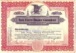 1914 City Dairy Company Stock Certificate Milk Cheese Dairy Farm Maryland photo