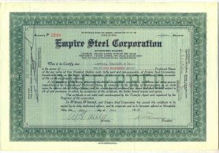Empire Steel Corporation Stock Certificate Mansfield Ohio photo