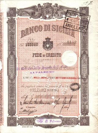 Kingdom Of Italy 1923 Bond Banco Sicilia Deco photo