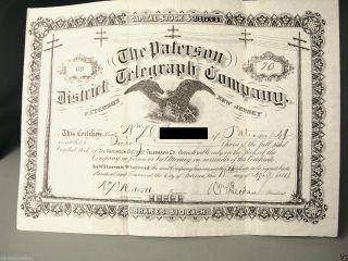 Antique Stock Certificate 1884 Paterson District Telegraph Company Jersey photo