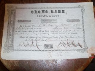 Orono Bank Stock Issued In 1856 For 17 Shares Of Stock photo