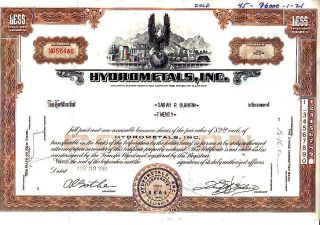 Hydrometals,  Inc.  Il 1961 Stock Certificate photo