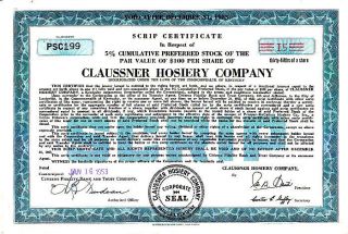 Claussner Hosiery Company,  Peducah,  Ky 1953 Type Ii Stock Scrip Certificate photo