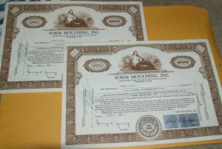 2 Certificates Form Moulding,  Inc 1959 100 Shares Of Stock Vignette photo