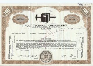 Volt Information Sciences Inc.  Stock Certificate; 100 Class A Shares Issued 1963 photo