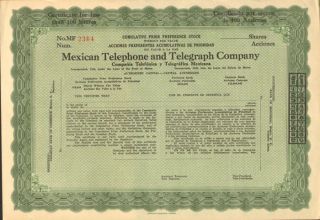 Mexican Telephone And Telegraph Company Stock Certificate Mexico Pref.  Share photo