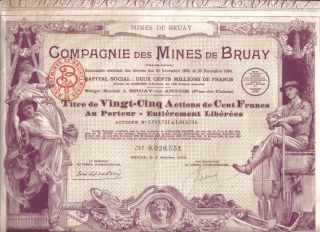 France 1939 Mines Bruay Co 25 Shares 2500 Fr Top Deco Uncancelled Coup photo