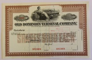 1909 Old Dominion Terminal Company Specimen Stock Certificate Norfolk,  Virginia photo